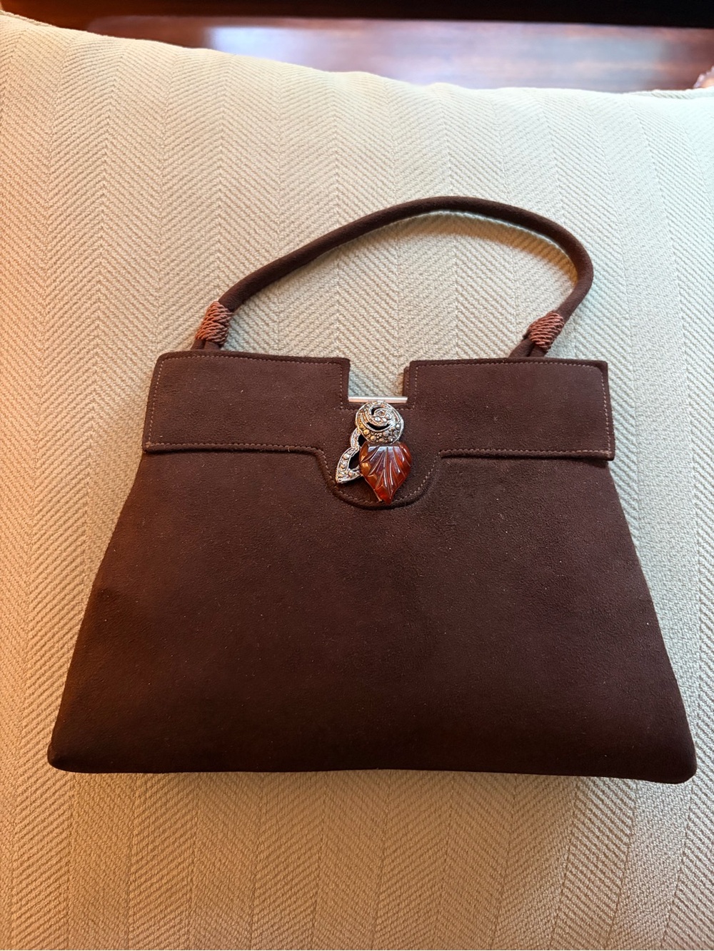 Vintage Brown French Antelope Handbag with Silver/Leaf Accent